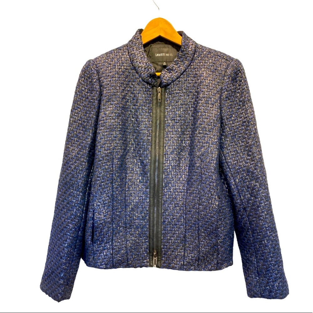 Lafayette 148 new york Size 10 Wool Blend Full Zip Blazer Jacket Blue Metallic